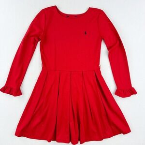 Polo Ralph‎ Lauren Pleated Red Dress Long Sleeve Size XL Big Girls Pony Logo